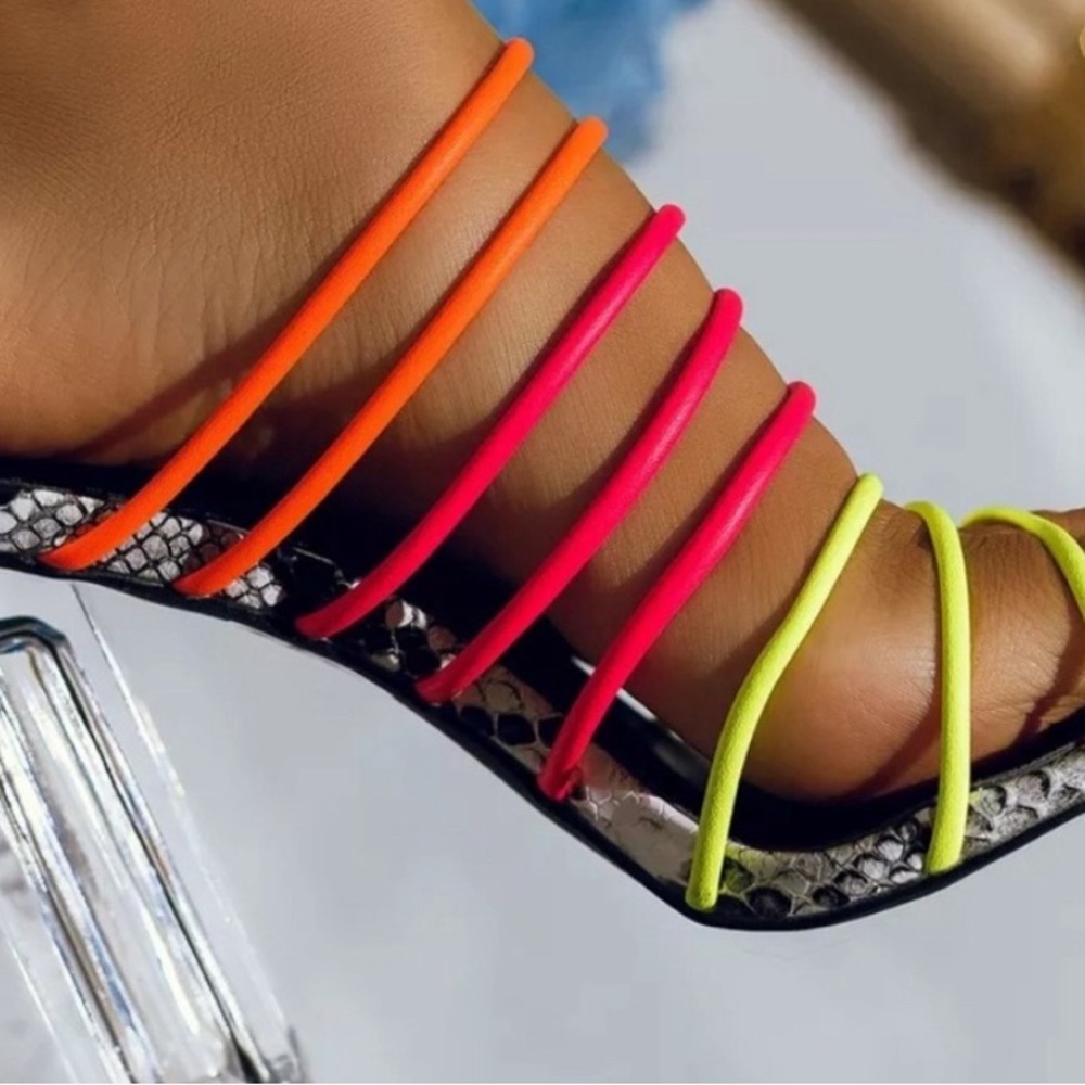 Multi Color Neon Stappy Open Toe Chunky High Heel - image 5